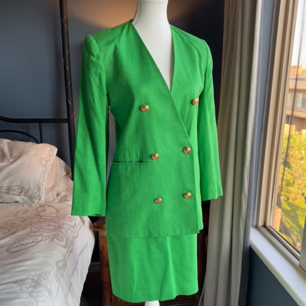 Vintage Early 90s Minikin Green Skirt Suit Set w Gold Buttons